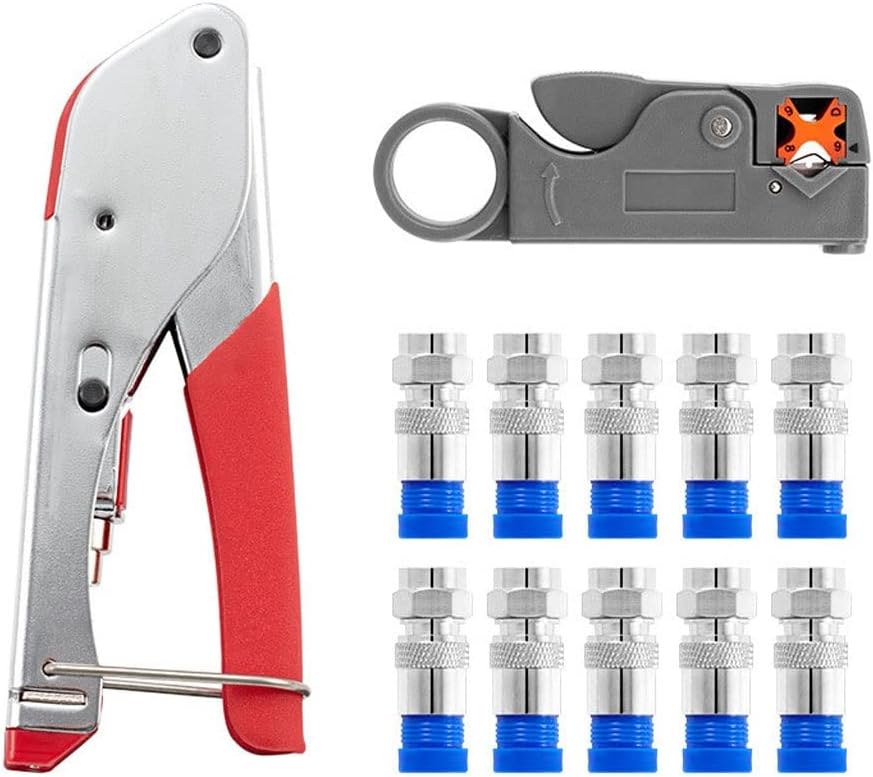 Wire Stripping Squeezing Pliers Coaxial Cable Cold Press Clamp RG59 RG6 Cable TV Crimping Tool Set with 20 F Heads(B set)