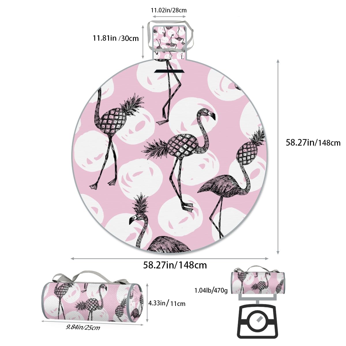 Shimoshe Pineapple Flamingo Picnic Outdoor Blanket Foldable Waterproof Sandproof Beach Blanket Portable Water-Resistant Round Picnic Mat for Travel Camping Park Lawn (Flamingo)