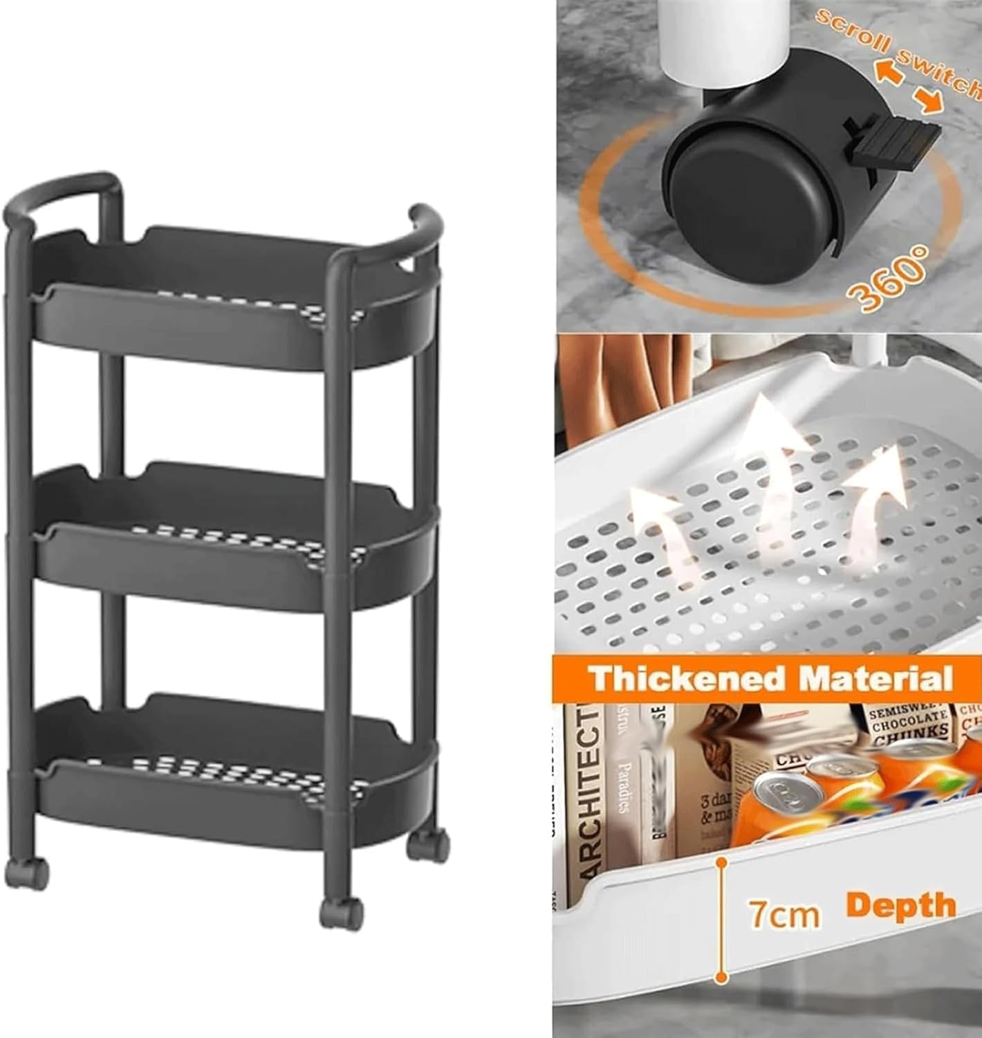 book cartStorage Cart Plastic Rolling Utility Cart Multifunctional Shelf Organizer Storage Cart with Wheels for Office Kitchen Home Home Use (Black 3 Tiers)