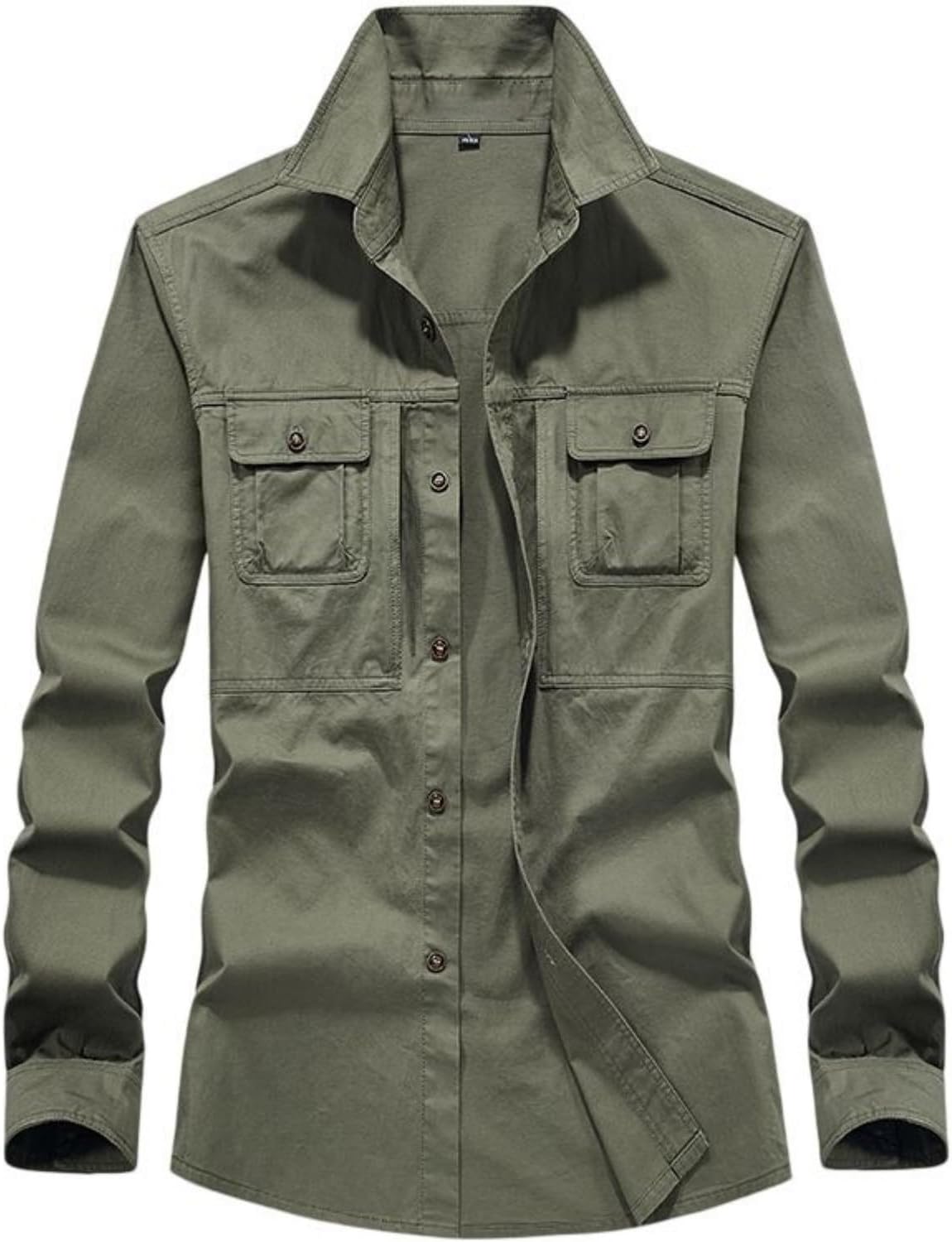Men's Cotton Long Sleeve Cargo Shirt Relaxed Fit Multi-Pocket Washed Wrinkle Resistant