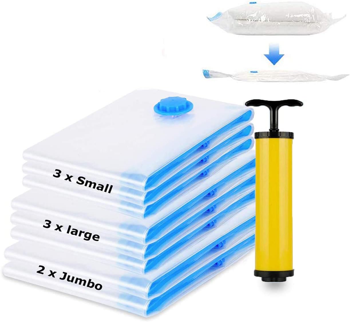 Vacuum Storage Bags, Space Saver Bag, Vacume Pack Storage Bags for Clothes Duvets Bedding Dresses Comforters Blankets Pillows Travel Storage,Reusable Bags Double Zip Seal,Hand Pump Included (8PCS)