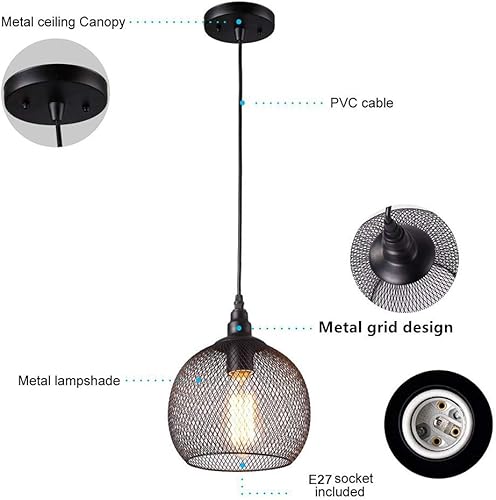 Miniatura 5 de Lámpara colgante de metal retro industrial E26 en forma de bombilla negra con acabado colgante para cocina, isla, comedor, granja, sin bombilla (Ø22