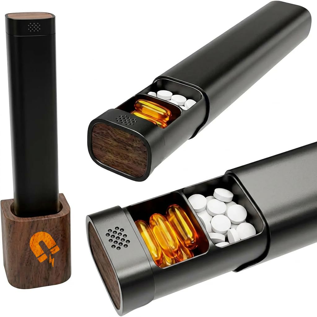 Pastillero Semanal de Aluminio Premium – 100% Metal, Base de Madera, Gran Capacidad & Diseño Elegante – Calidad Médica, Ideal para Viajes, Sin Plástico - Negro