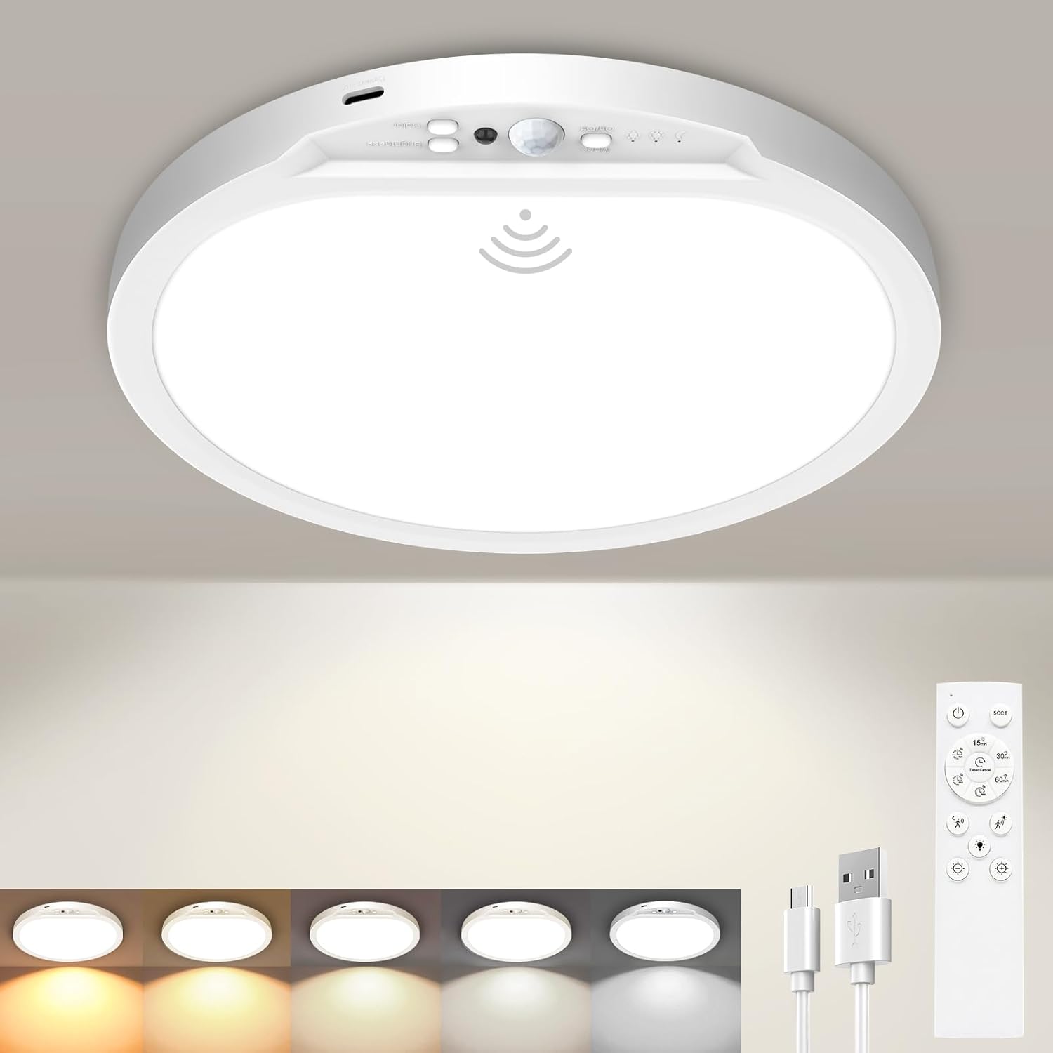 slochi 8 Inch Rechargeable Motion Sensor Ceiling Light with Remote, 5 Color Magnetic Wireless Ceiling Light Battery Powered, Dimmable, Timer, Motion Activated Light for Closet Shower Hallway Pantry