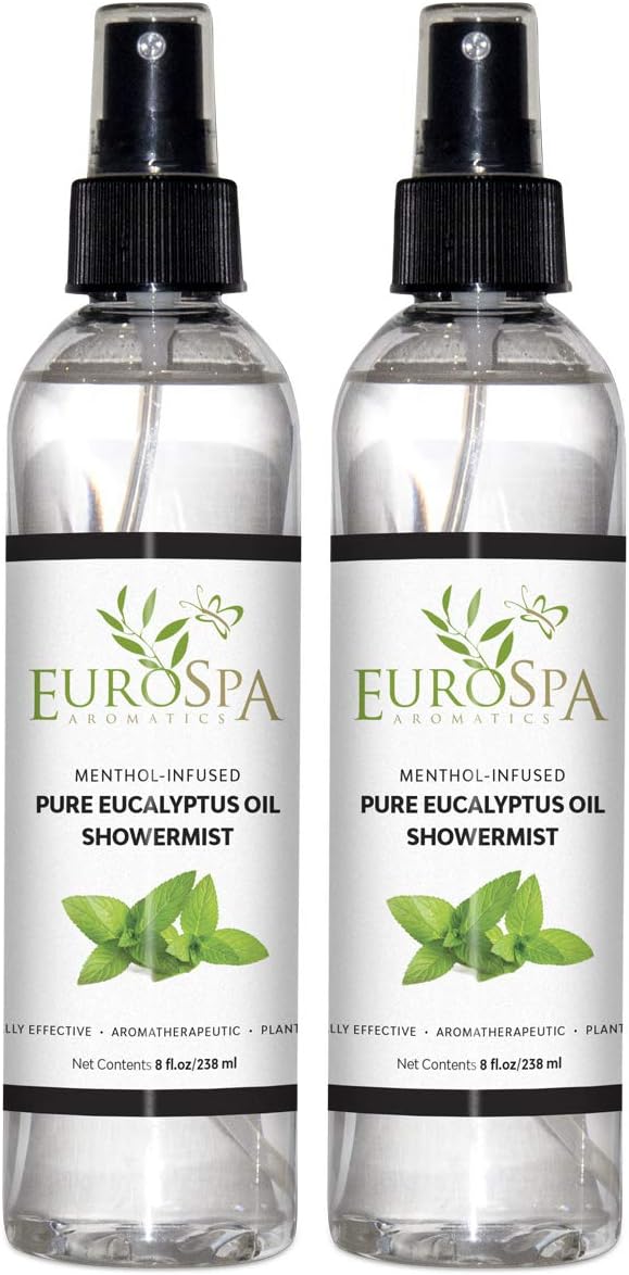EuroSpa Aromatics Pure Eucalyptus Oil ShowerMist and Steam Room Spray, All-Natural Premium Aromatherapy Essential Oils - Menthol Infused, 8oz, 2 Pack