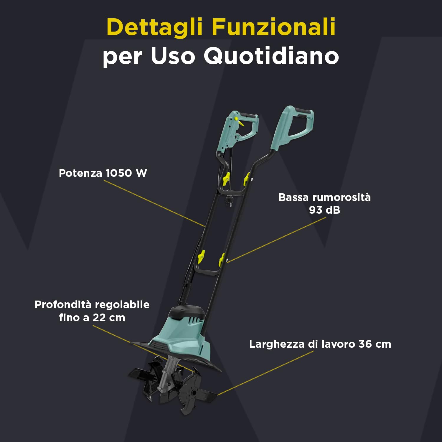 Motozappa Elettrica Richiudibile – Zappatrice Elettrica 1050W 36cm con Scatola Riduzione in Alluminio e Profondità Regolabile