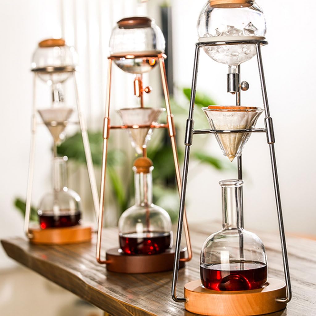 ASSICON Cafetera de aluminio con flujo de agua ajustable, cafetera helada en acero inoxidable y vidrio de borosilicato alto