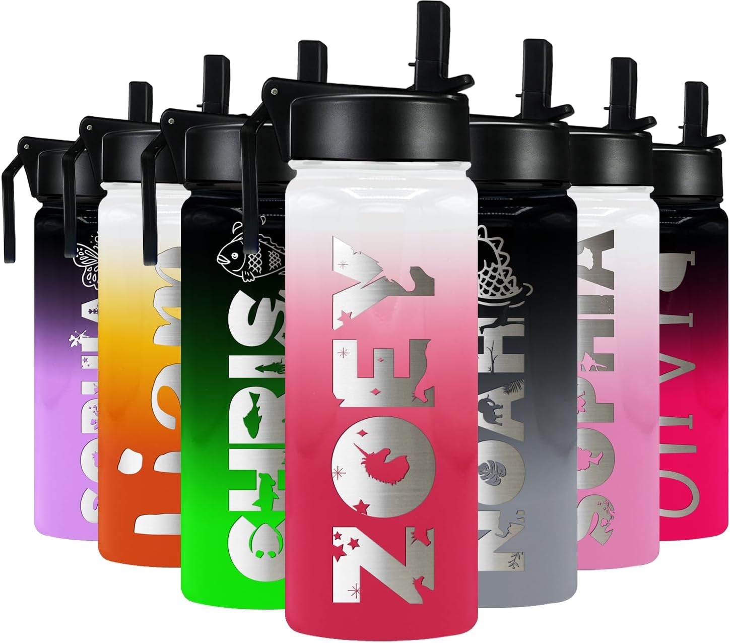 Personalized Children Water Bottle with Straw Lid on Blossom Ombre for School Engraved Custom Girl Name 18 oz Modern Insulated