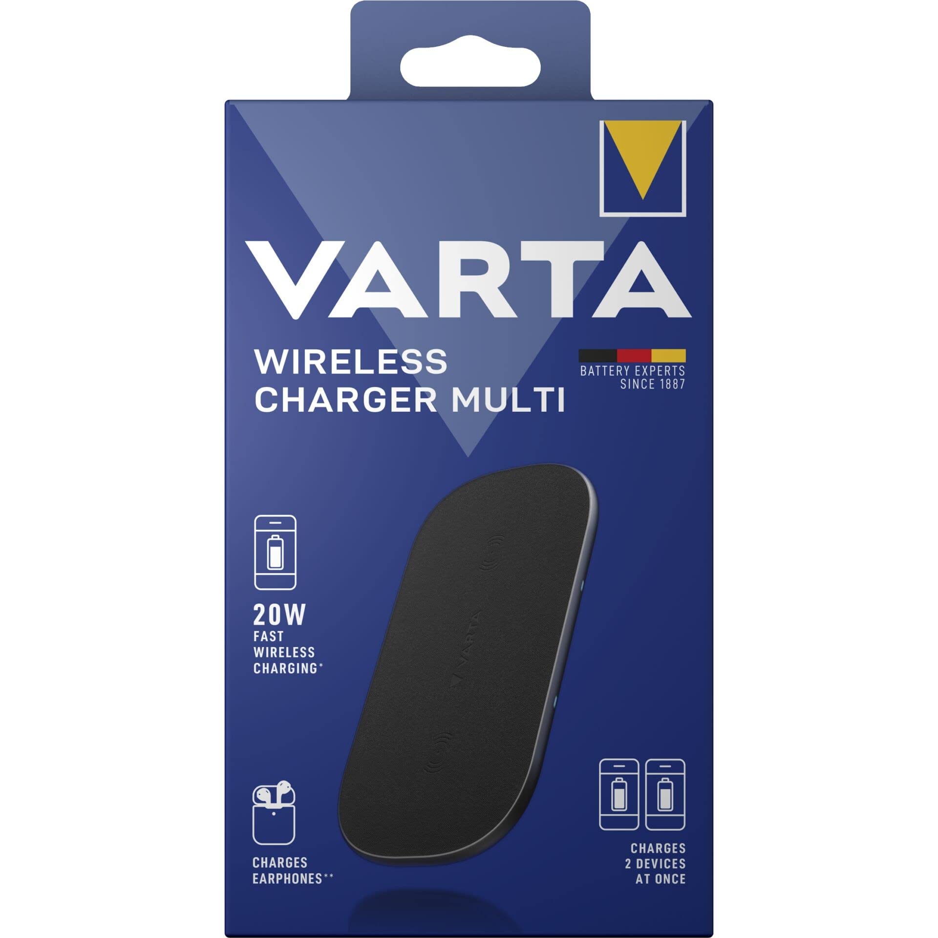 VARTA Chargeur sans fil, charge 2 appareils simultanément, station de charge compatible Qi 20 W, Wireless Charger Multi incl. câble USB C, recharge possible avec étui, chargeur portable