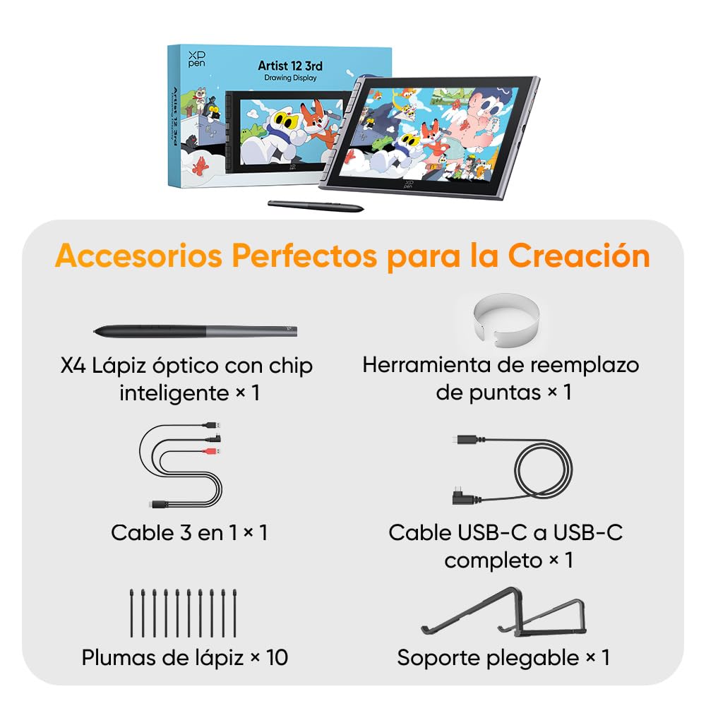 XPPen Artist 12 3rd Tableta Gráfica con Pantalla FHD 16K Niveles (Gris) | Tableta Gráfica Dibujo Digital Profesional de 12 Pulgadas con X4 Lápiz Chip Inteligente y 2 Diales y Soprte Plegable