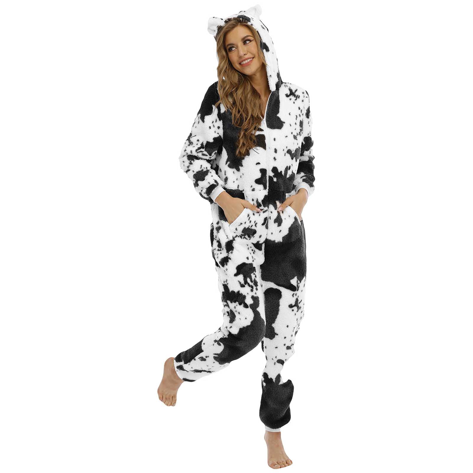 SHOPESSAAdult Romer Pajamas for Women Plus Size Zipper Up Cow Print One  Piece Jumpsuit with Hooded Plush Cute Lougewear