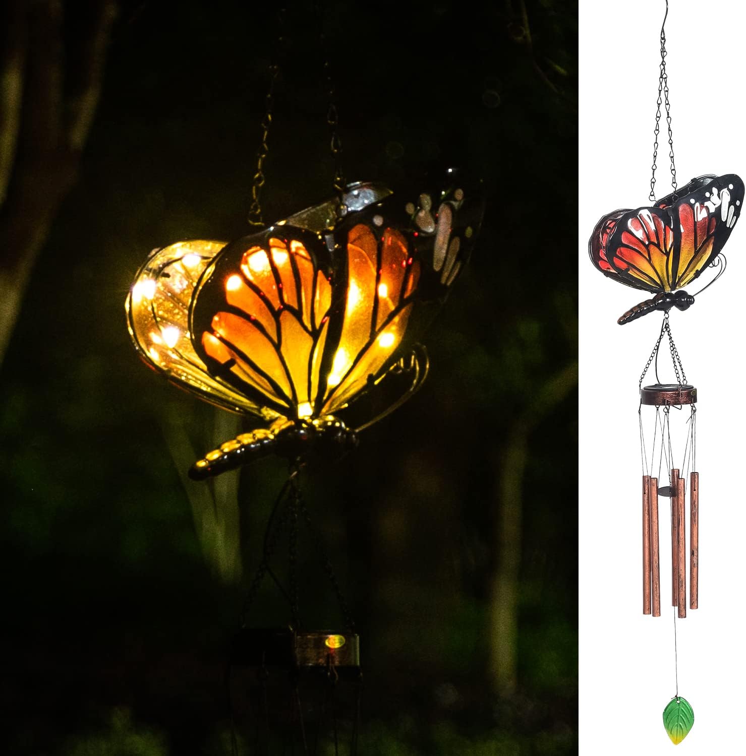 Adeco Metal Solar Wind Chimes 41.73 H Butterfly Windchimes Outside Garden Decor for Patio, Porch, Lawn, and Backyard, Memorial Wind Chimes for Birthday Gifts