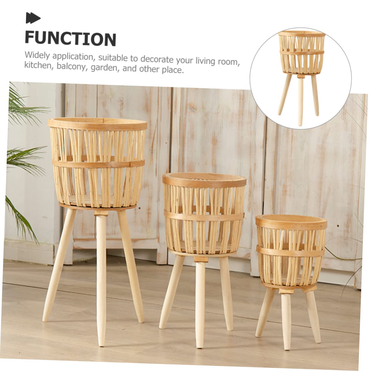 BESTonZON Pot de Fleurs en Bambou Tissé Fait Main, Support de Pot de Fleurs Rustique en Bois, Cache-Pot pour Intérieur et Jardin, Décoration Naturelle Solide
