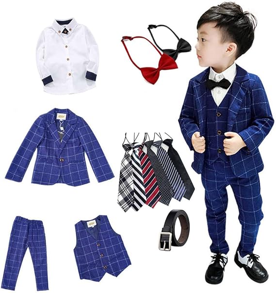 Amazon 子供フォーマルスーツ 7点セット ジャケット ベスト シャツ ズボン 蝶ネクタイ ベルト ブローチ おしゃれ かっこいい 入学式 七五三 卒業式 男の子 キッズスーツ チェック柄 ブルー グレー 90 170 フォーマル 通販