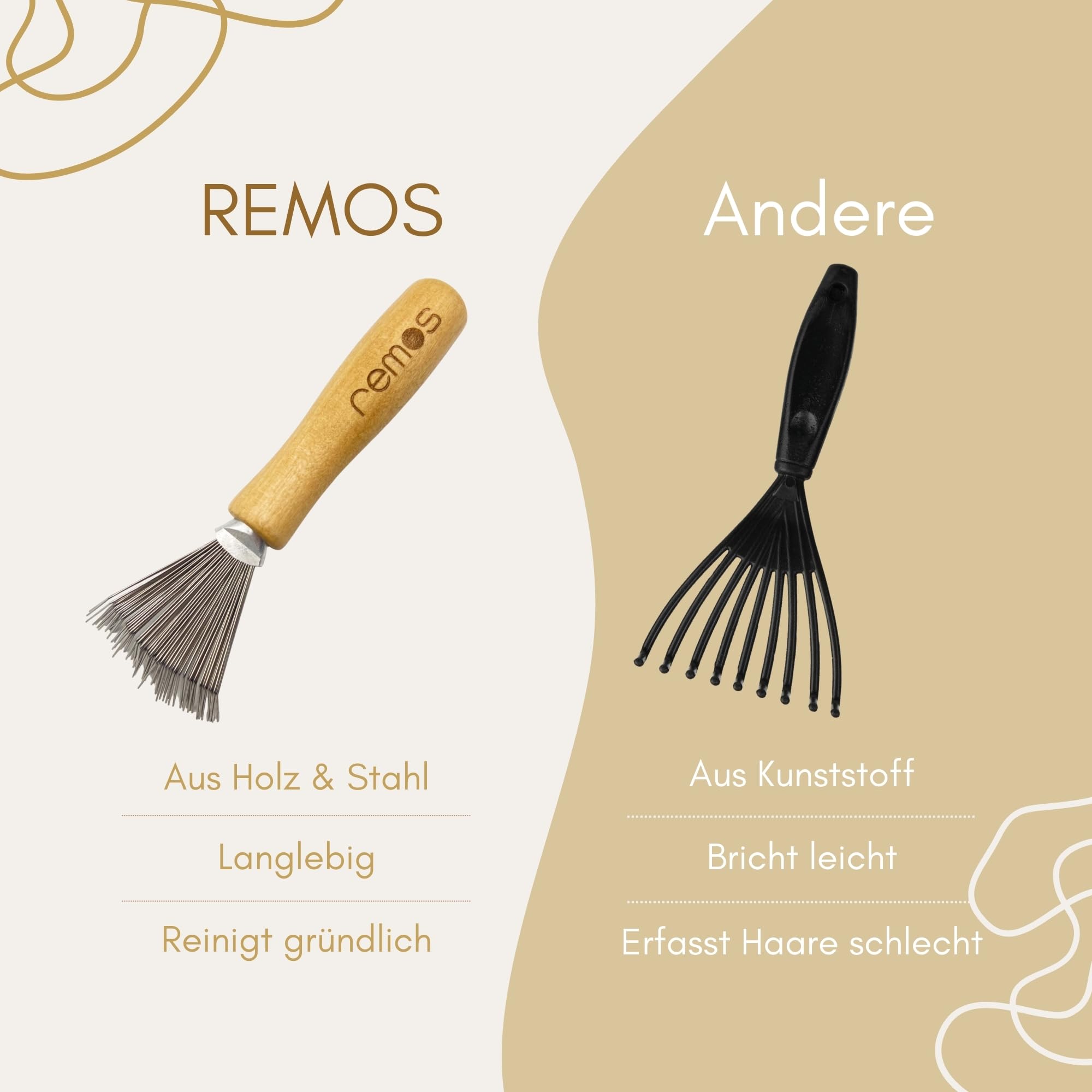 REMOS - Detergente per spazzole in legno, efficace strumento di pulizia per spazzole per capelli, zincatura in metallo durevole, manico ergonomico in legno, facile da pulire e da usare