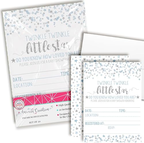 AmandaCreation - Invitaciones para baby shower con diseño de estrella, color azul y plateado, 20 tarjetas de relleno de 5 x 7 con veinte sobres