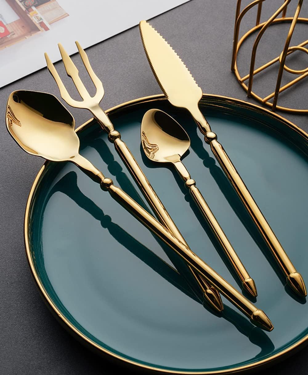 Ce Service de Couverts dorés pour 10 Personnes, en Acier Inoxydable 18/10 Durable, est Un Ensemble de 40 pièces au Style Moderne et créatif, idéal pour la Maison, la Cuisine, Les Mariages et