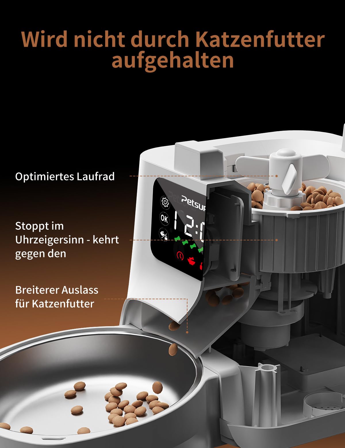 Futterautomat Katze,3L Katzenfutter Automat mit Programmierbarem Timer 1-6 Mahlzeiten pro Tag-Futterspender Hund mit Pressedeckel und 10s Aufnahmefunktion
