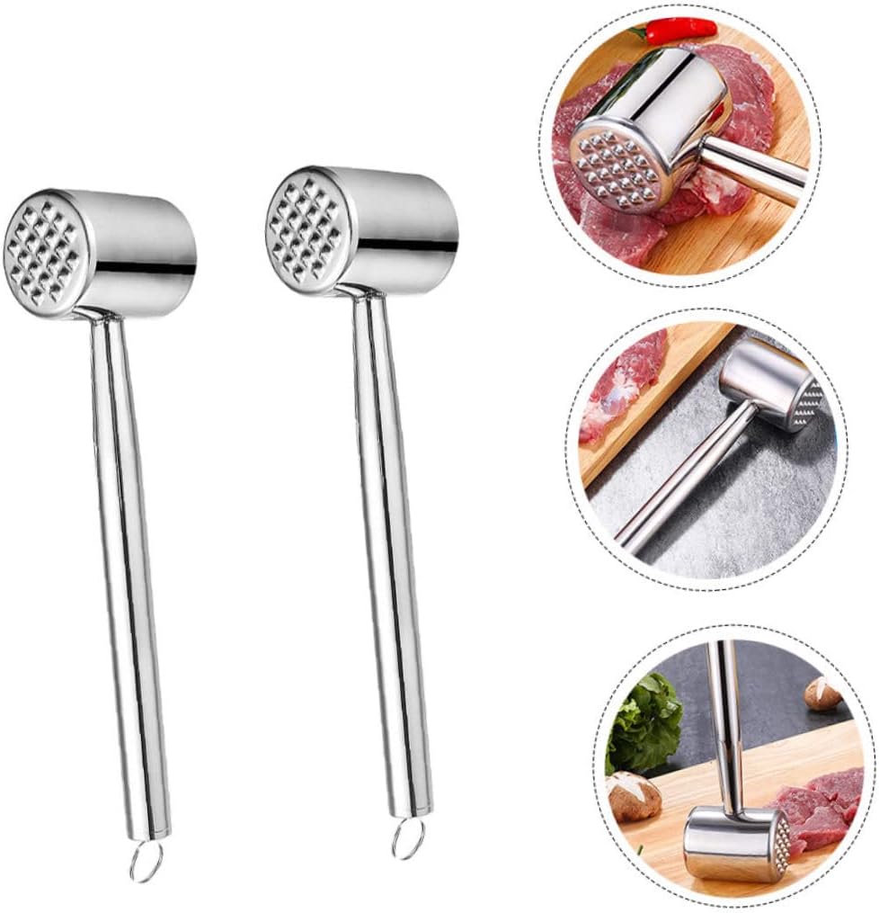 KICHOUSE 2pcs Reversible Meat Tenderizer Stainless Steel Mallets Non-slip Handle Meat Pounder Hammer for Kitchen Beef Steak