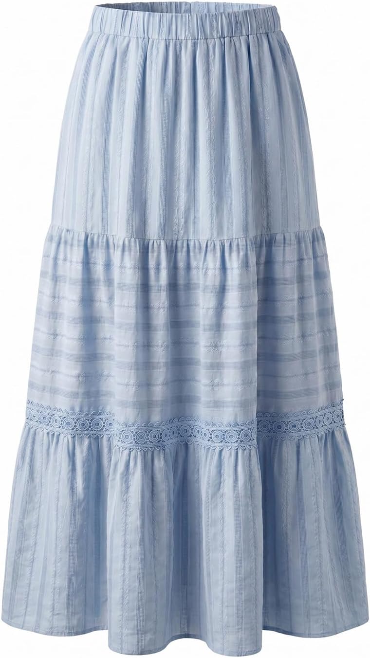 BLENCOT Women's Long Skirt Boho Crochet Lace Tiered High Waisted Cotton A-Line Flowy Maxi Skirt