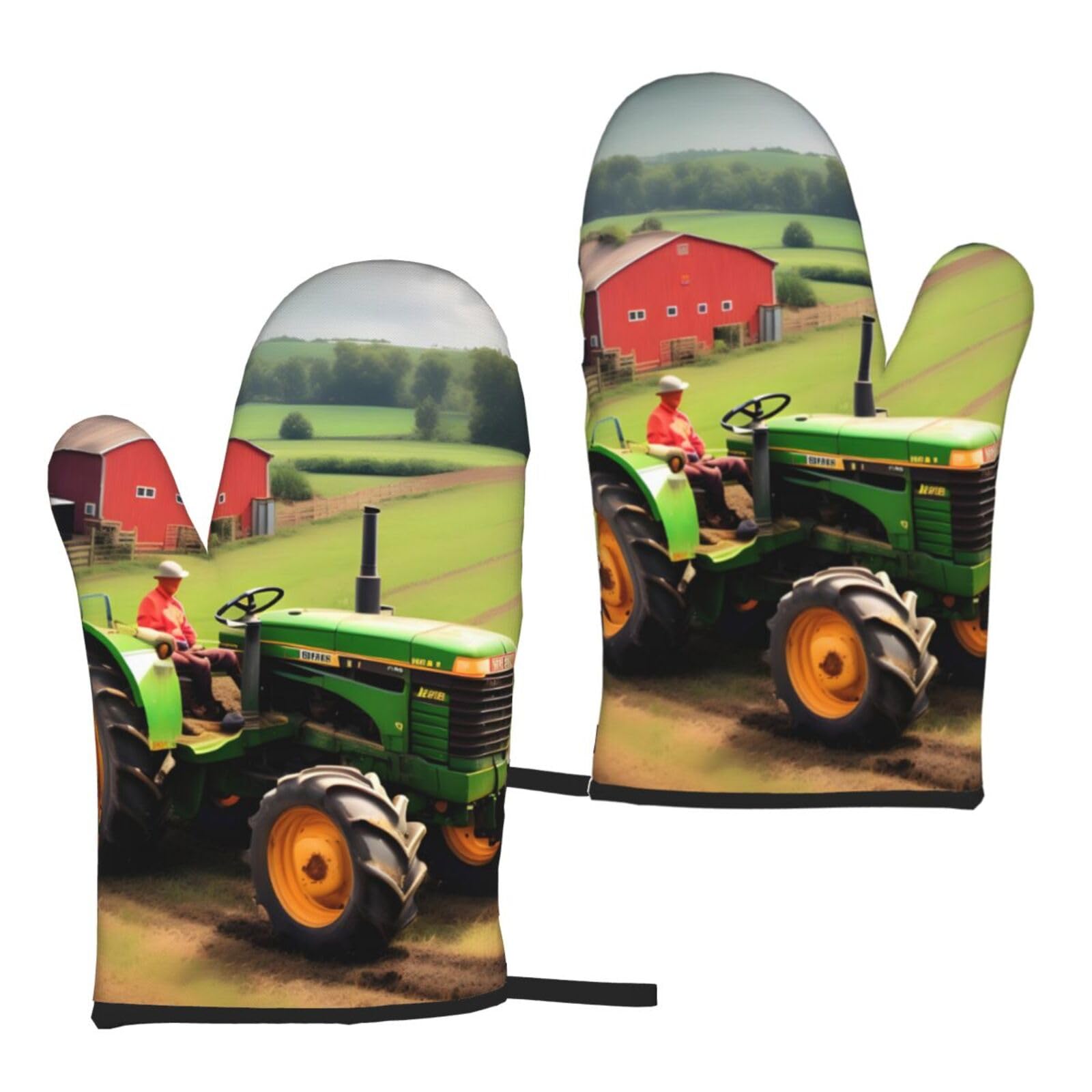 Nimongt Women's Black Tractor Farm Pattern Print Adults Universal Fit Heat Resistant Oven Gloves Reusable Cooking Outdoor Grilling