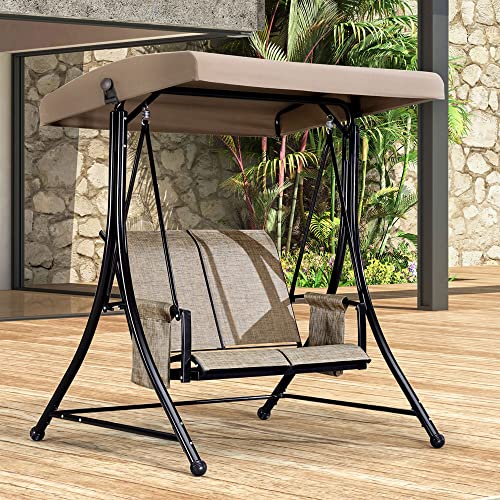 PURPLE LEAF 2-Seat Deluxe Outdoor Patio Porch Swing with Weather Resistant Steel Frame, Adjustable Tilt Canopy, Beige
