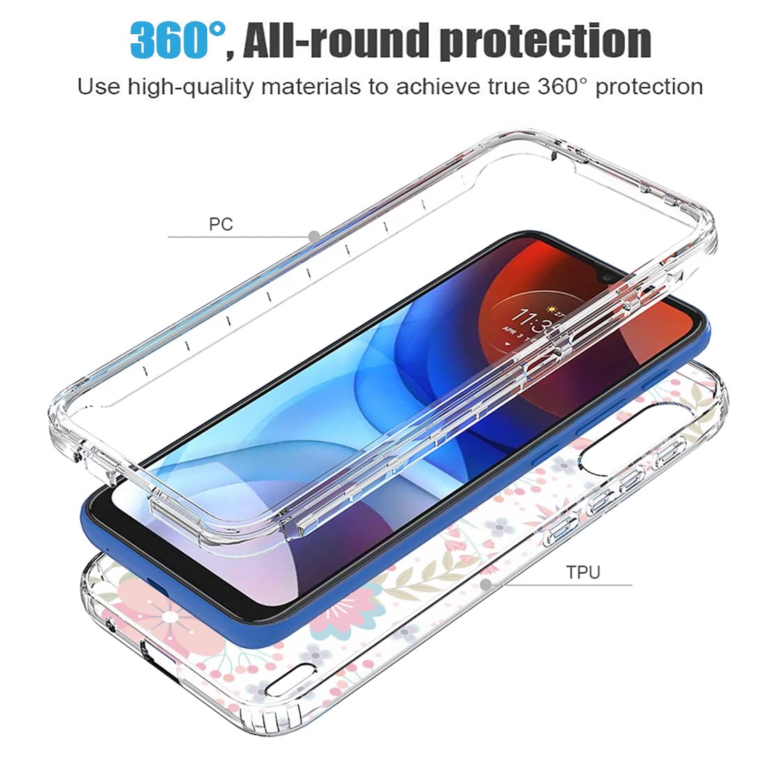 Jhxtech Coque Pour Moto E7, Motorola E7 Avec Protection D'écran En Verre Trempé, Joli Motif Floral Transparent Coque De Protection Intégrale Pour Motorola Moto E7 (papillon Bleu