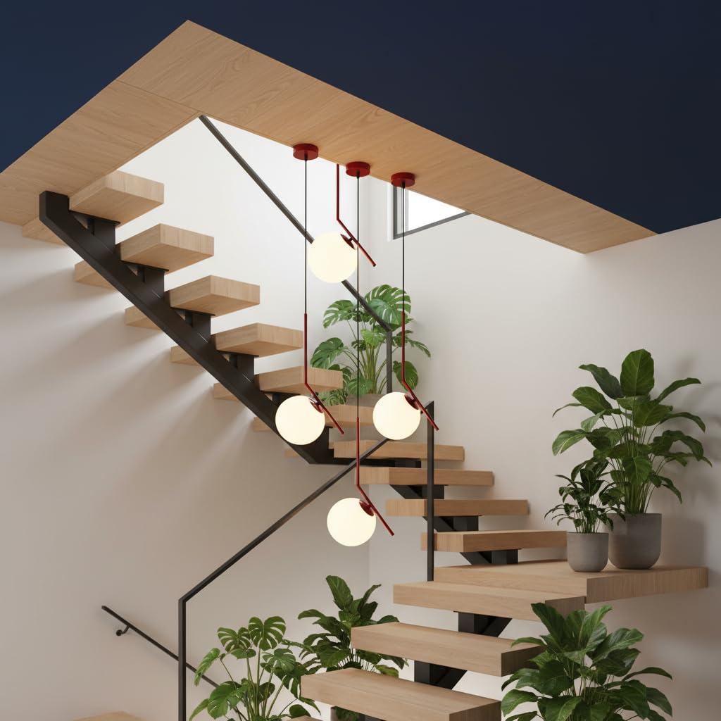 BARCELONA LED Lampada a Sospensione in Vetro a Sfera E27, Corpo in Metallo Alluminio con in Vetro Opalino, Stile Nordico Moderno Giapponese Industriale e Classico per Soggiorno e Cucina, Rosso
