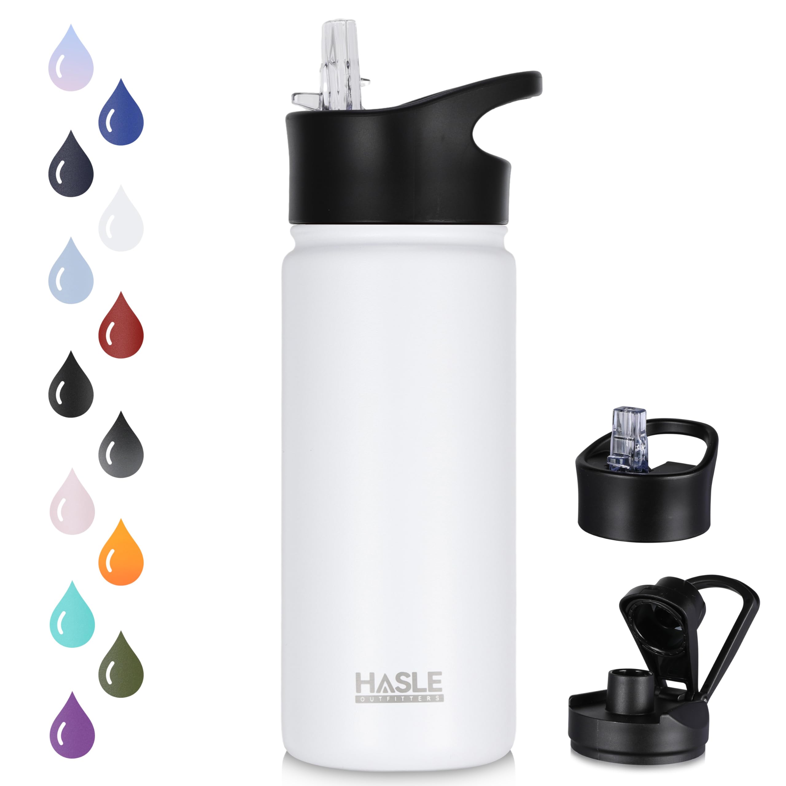 HASLE OUTFITTERS Insulated Water Bottle Kids 16 oz Double Wall Vacuum Stainless Steel Water Bottle Leak Proof for School Wide Mouth with Straw Lid & Spout Lid Keeps Cold and Hot(White,1pack)