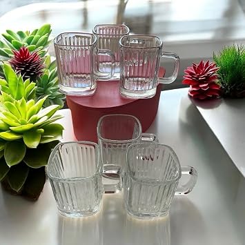 6pcs. Cornered Glass Mug Cup Striped Very Stylish Model