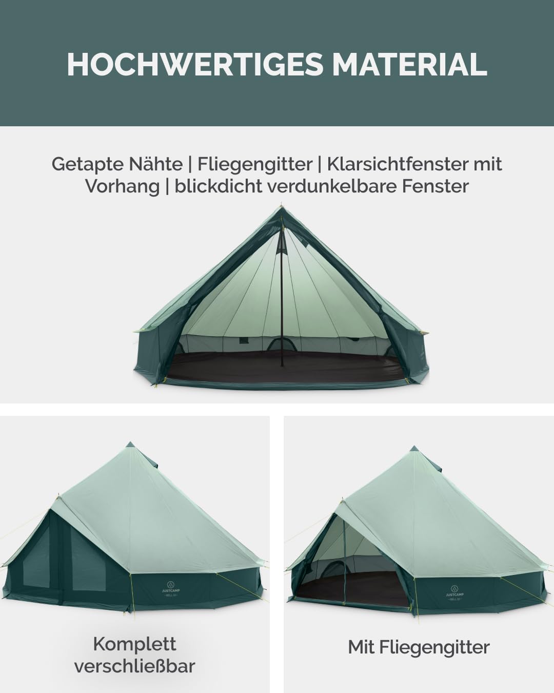 JUSTCAMP Bell 10 Tipi Tente - Tente de Camping extérieure 10 Personnes/Places, 4 Saisons, familiale, imperméable, Premium XXL géante - 5 x 5 x 3 m - 14 kg - Menthe
