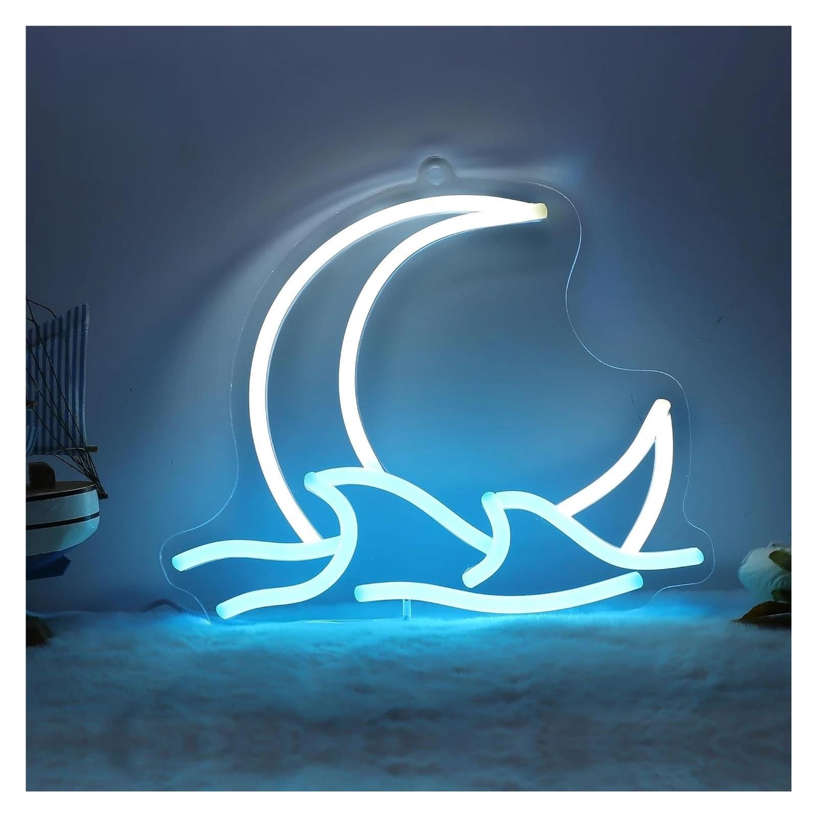 LEMST Signs Lamp Moon Wave Neon Lights USB Powered Adjustable Brightness Blue Sea Star Neon Lights, Suitable for Wall Hanging Decor 30cmx32cm