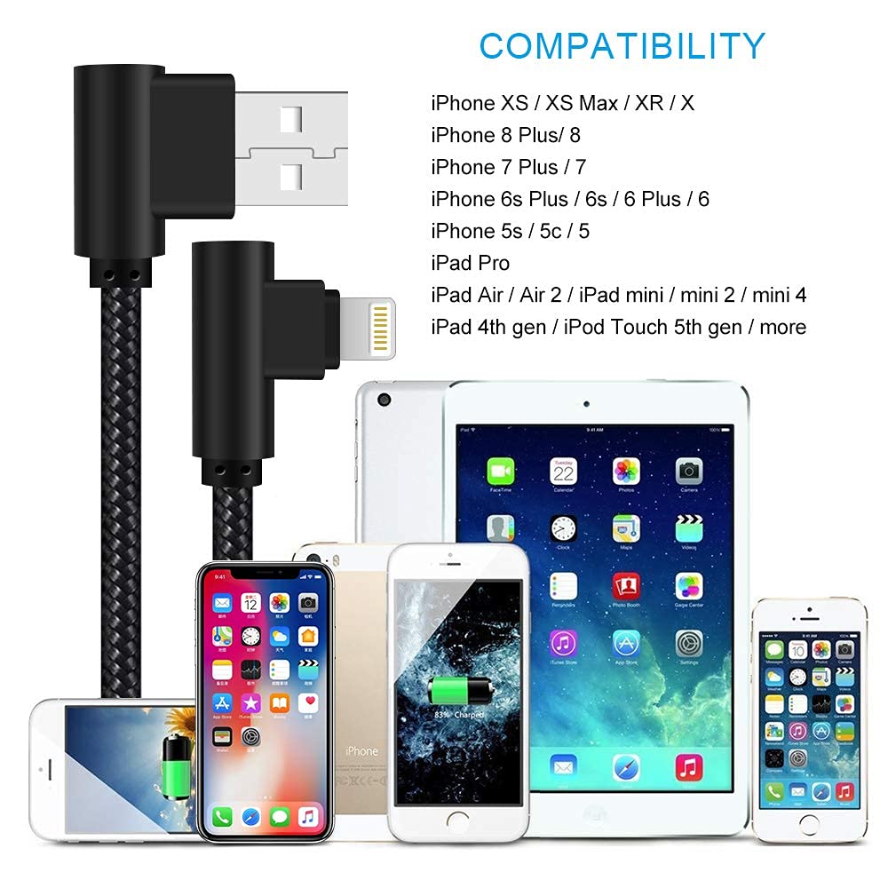Cargador para iPhone de 3 pies con certificación MFi, paquete de 3 cables Lightning trenzados de nailon de 90 grados, cable de carga en ángulo recto para iPhone 14 13 12 11 Pro X XS XR 8 Plus 7 8