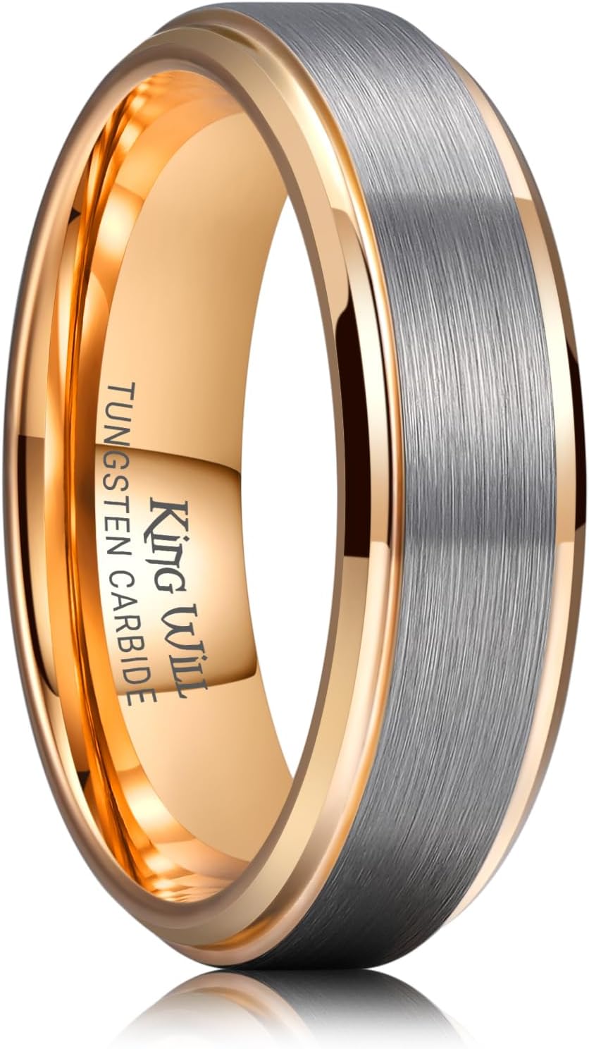 King Will Mens Brushed Wedding Band, Two Tone Matte Step Edges/Pipe Cut, Tungsten Carbide Anniversary Promise Rings Comfort Fit