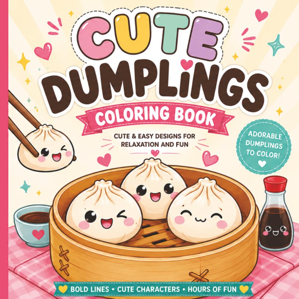 Cute Squishy Dumplings Coloring Book: Bold and Easy Kawaii Food Coloring Pages for Kids, Cozy and Stress Relief Illustrations