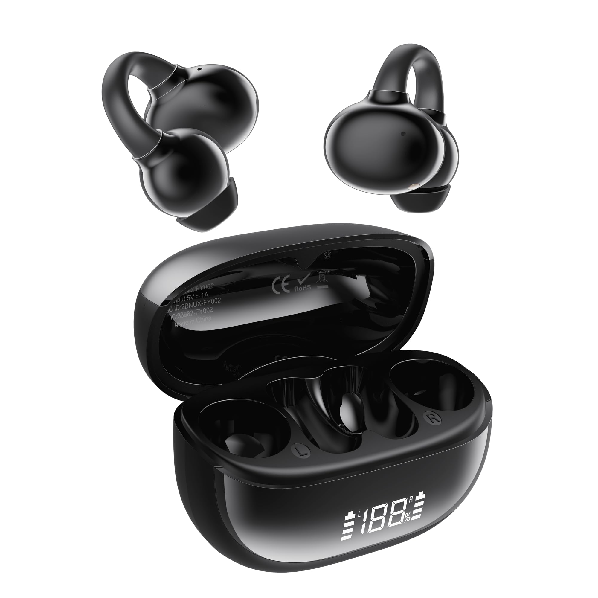 Auricolari wireless Bluetooth 6.0, con clip, con clip per orecchio aperto, 50 ore di autonomia, per allenamento sportivo, impermeabili, compatibili con iPhone e Android