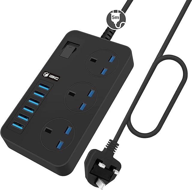 iBlockCube® UK Power Strips 3 Way Outlets 6 (3.4A) USB Ports w/ Surge Protection Socket Switch Portable Charger 5M/16.4FT UK Plug Wall Adapter Cord w/Fuse & Shutter Extension Lead (Black)