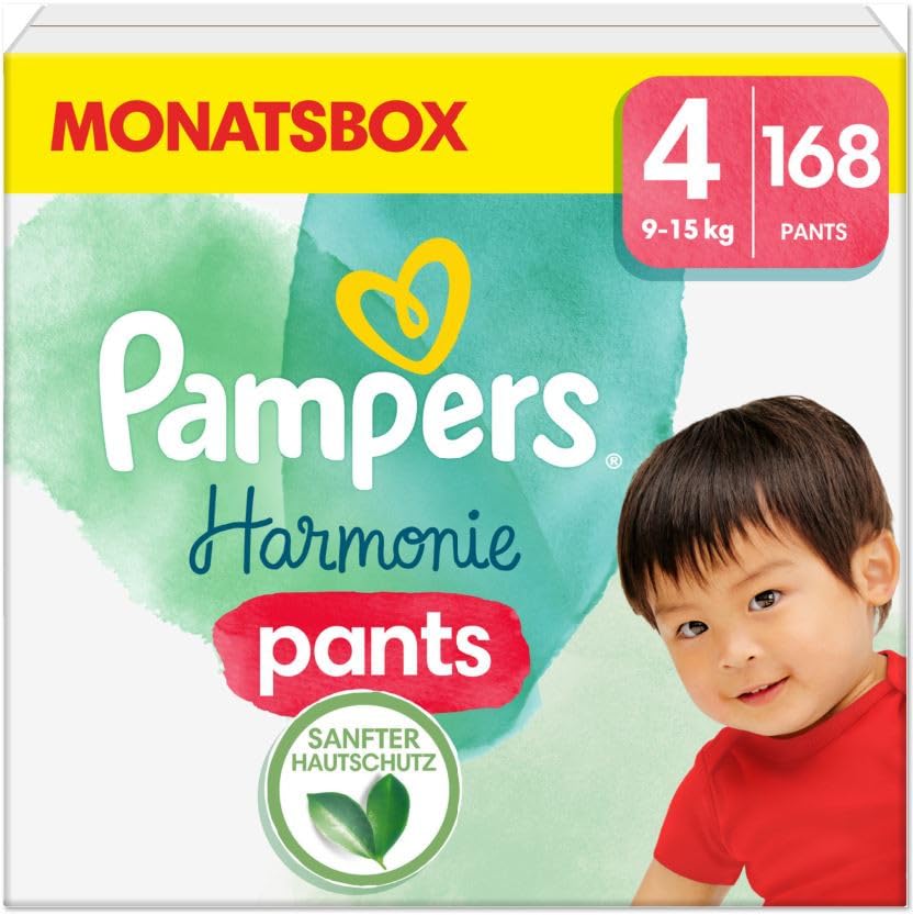 Harmonie Baby Nappies Pants, Size 4 (9 kg-15 kg), Monthly Box, Gentle Skin Protection and Plant-Based Ingredients, 168 Nappies