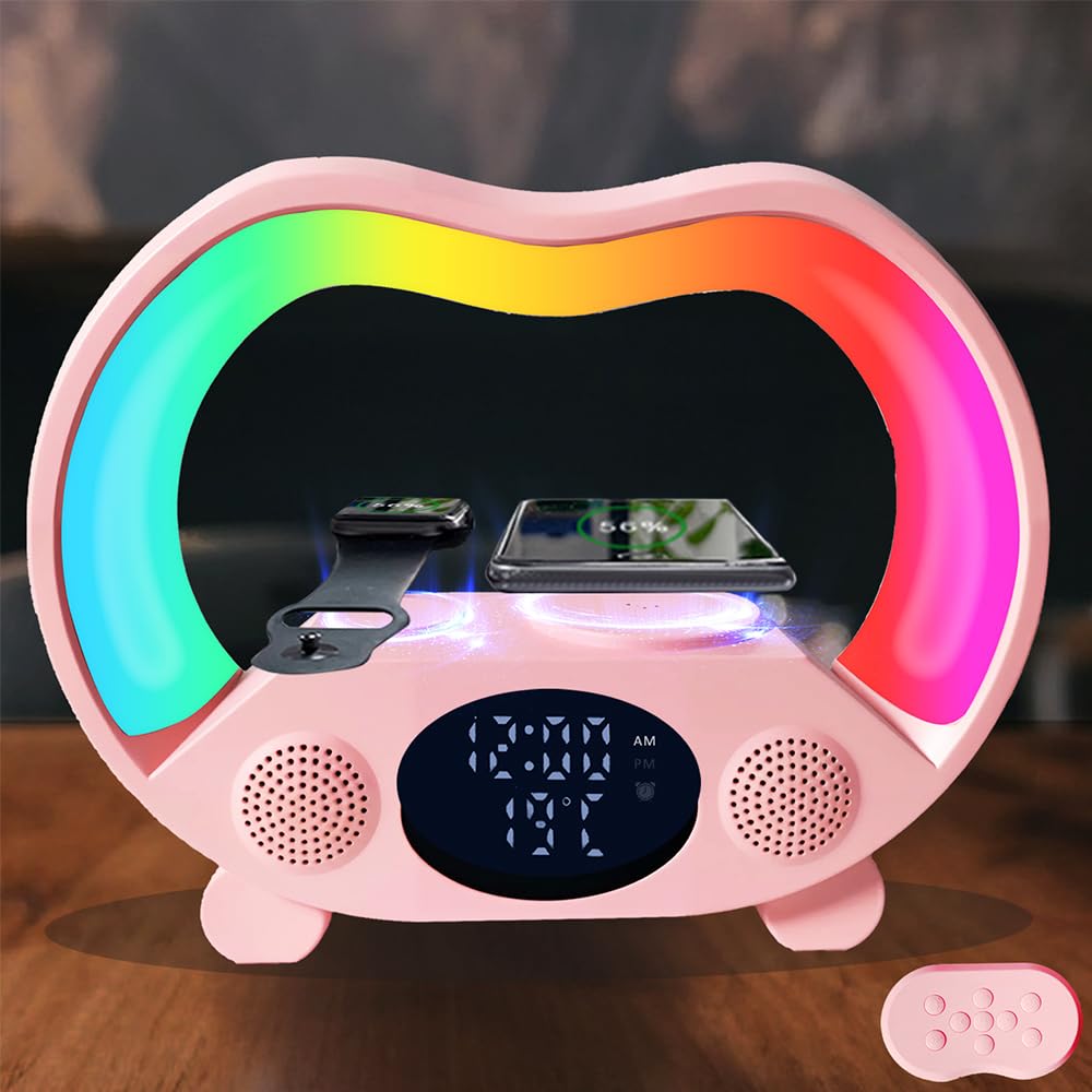 IHAO 6in1 Wireless Charging Station with Bluetooth Speaker Time&amp;Temperature Display Alarm Clock 7-Color LED Night Lights Fast Charger for Phone, Apple Watch, Earbuds Remote Control Auto Shutoff-Pink