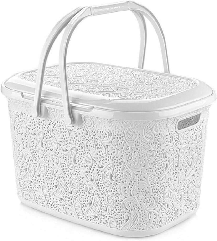 28 Ltr Large Plastic Lace Picnic Basket Storage Box Hamper With Lid
