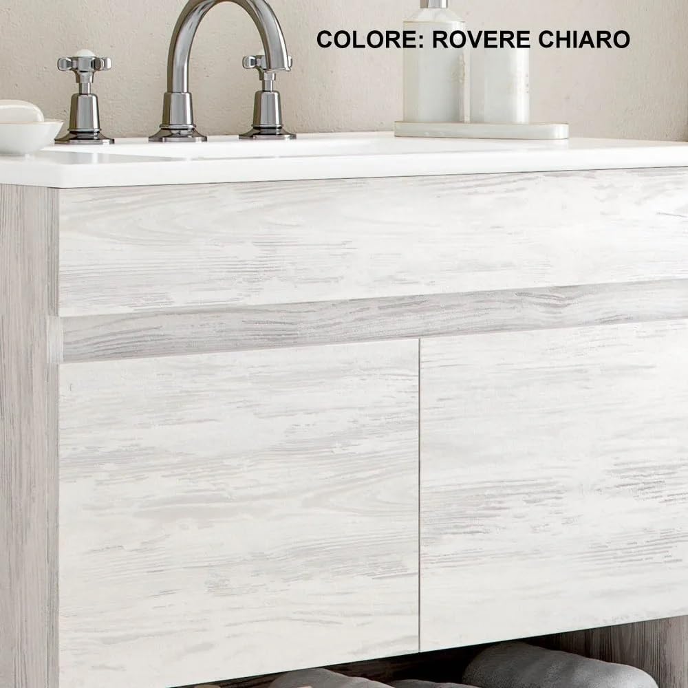 Bagno Italia Mueble de baño de 80 cm suspendido color roble blanqueado con lavabo y espejo decoración moderna muebles
