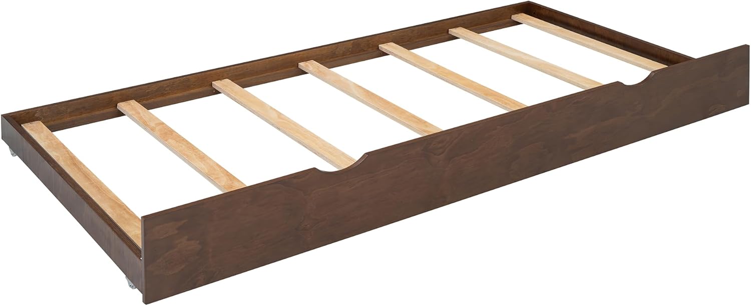 Image of the Twin XL trundle bed frame, showing its wooden slat base and low profile.