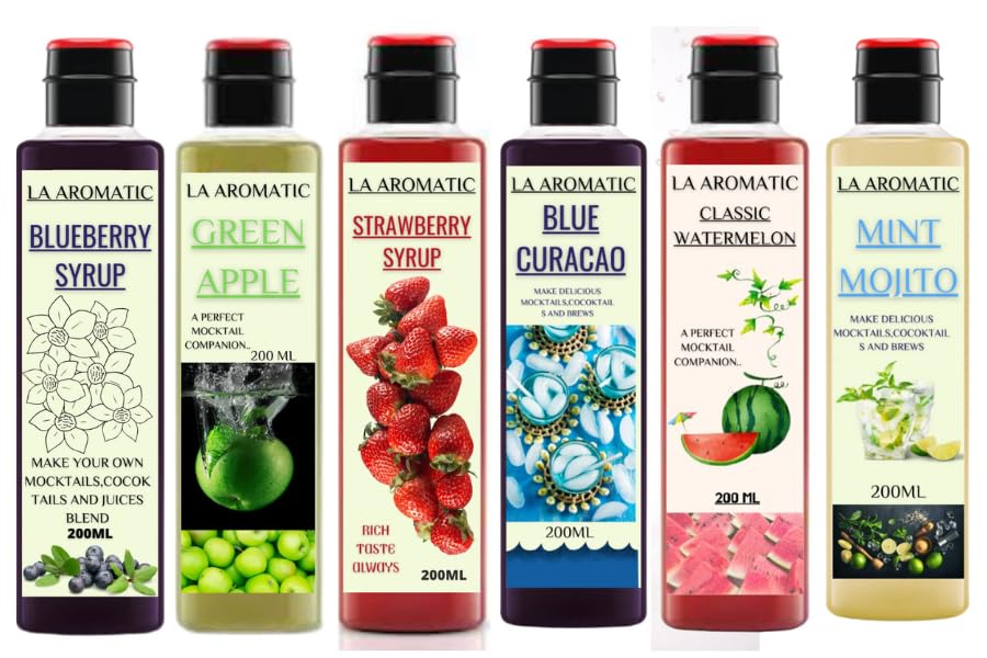 La Aromatic Mocktail Syrup Combo of 6 Flavours (Mint Mojito,Green Apple,Strawberry,Blueberry,Watermelon,Blue Curacao)-200ml Each-image-25