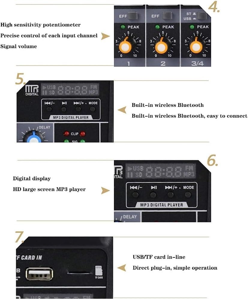 Studio Mixing Desks, Portable 4-Channel Sound Card Mixing Console Audio Mixer Supports BT Connection MP3 Player Recording Function Supply for DJ Network Live Broadcast