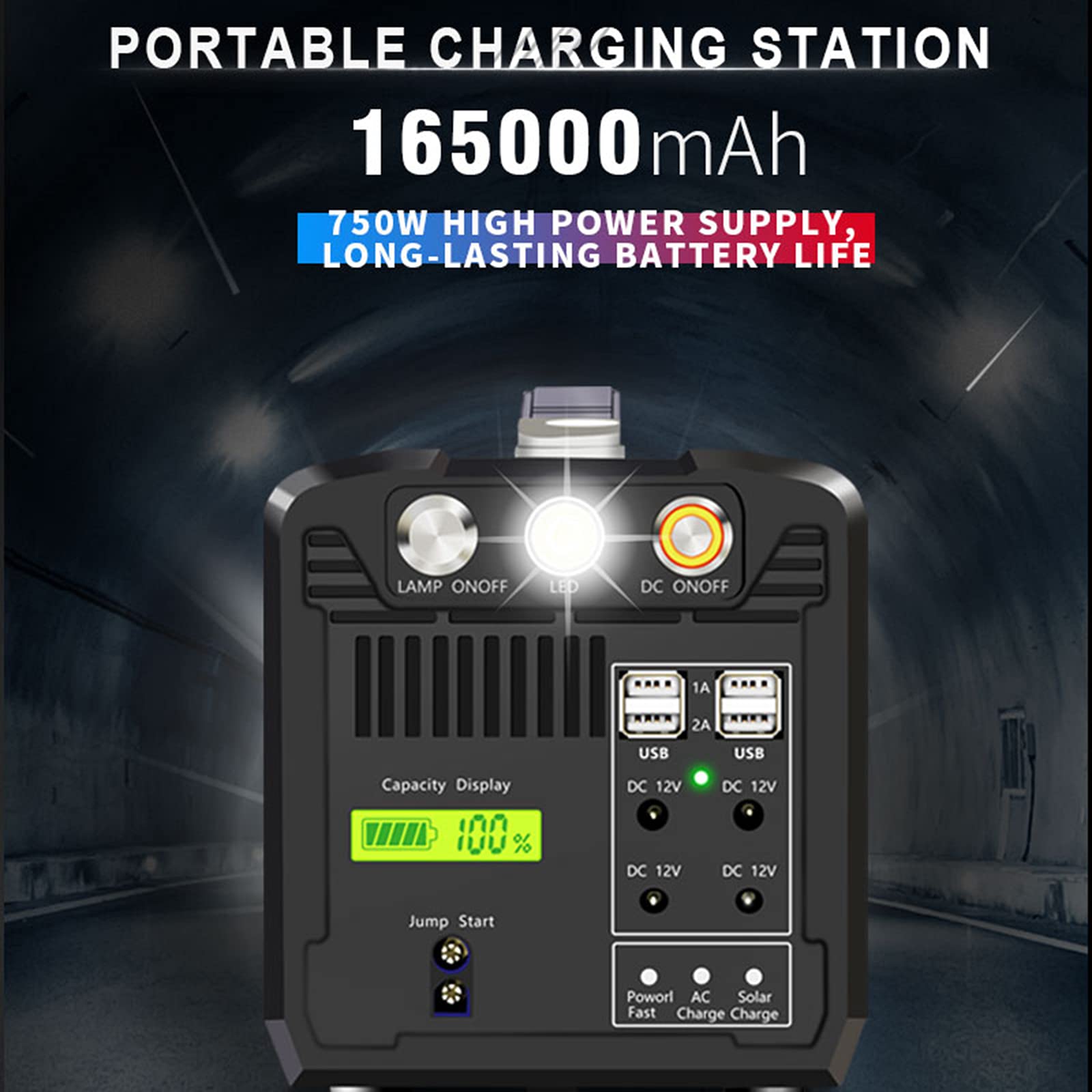 Central eléctrica portátil de 750W, 165000 mAh Supercapacidad Batería de Emergencia Cargador con Pantalla LED, Puerto CA CC Generador de energía para Acampar, Viajes por Carretera
