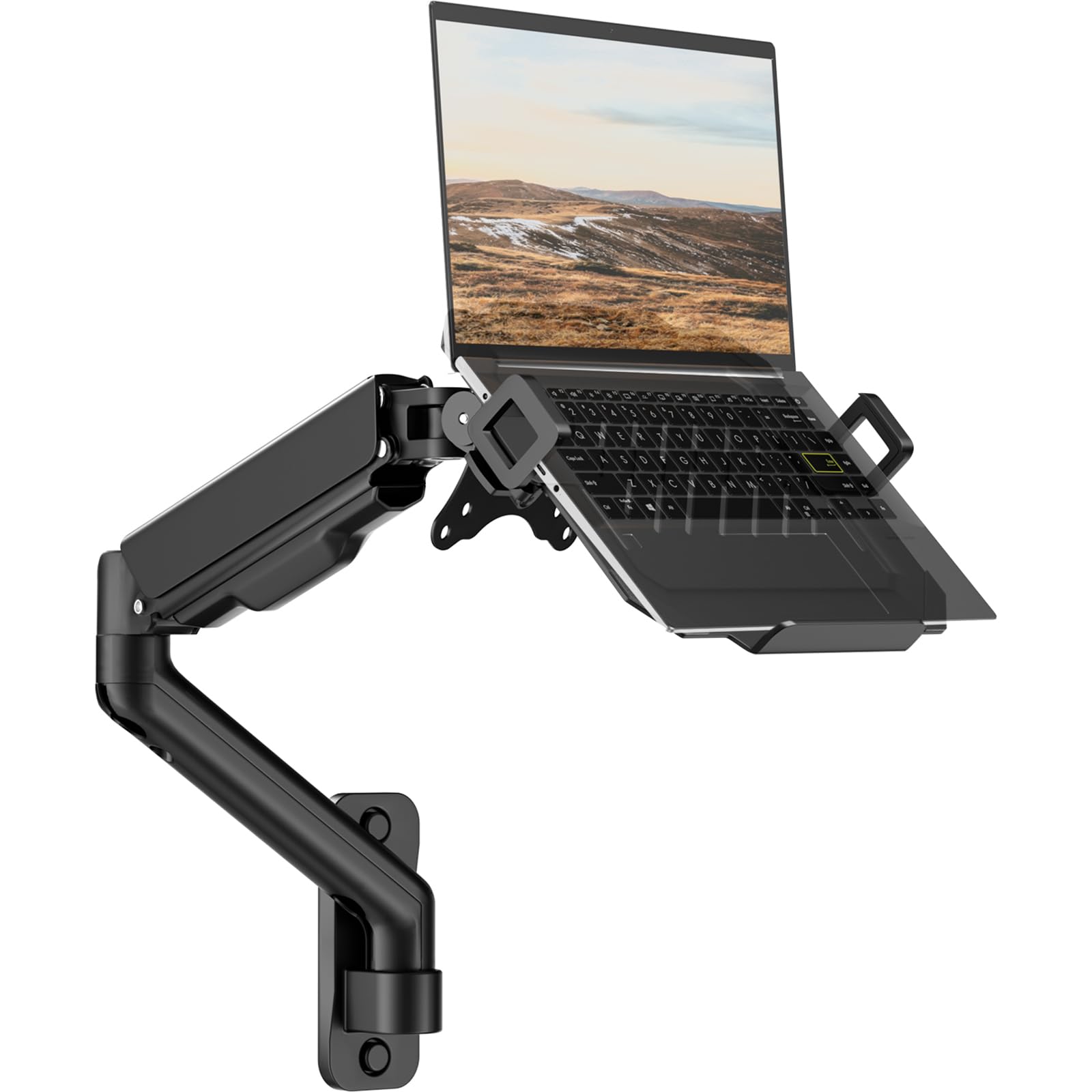Support Mural avec Plateau Ventilé pour Ordinateur Portable 12"-17",Réglable en Hauteur Bras de Ecran PC,Plateforme de Refroidissement Ventilée,Gestion des Câbles,Capacité de Charge:9KG,VESA 75/100mm