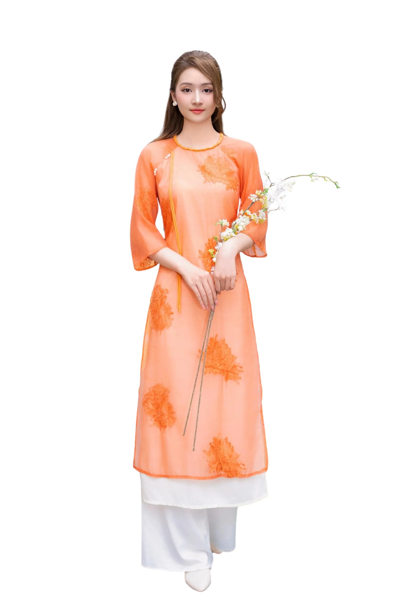 Shifted Orange Chiffon Dandelion Embroidery Ao Dai Top Only No
