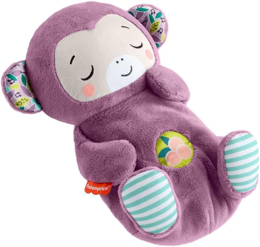 Fisher-Price Baby Toy Purple Snooze Monkey Portable Plush Music Box with Breathing Action and Lights for Newborns from 0 Months JLH41
