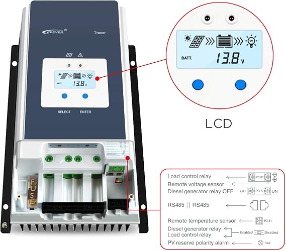 EPEVER 50A MPPT Solar Charge Controller 12V/24V/36V/48V DC Automatically Identifying System Voltage Max.PV 150V Solar Panel Regulator Tracer 5415 an