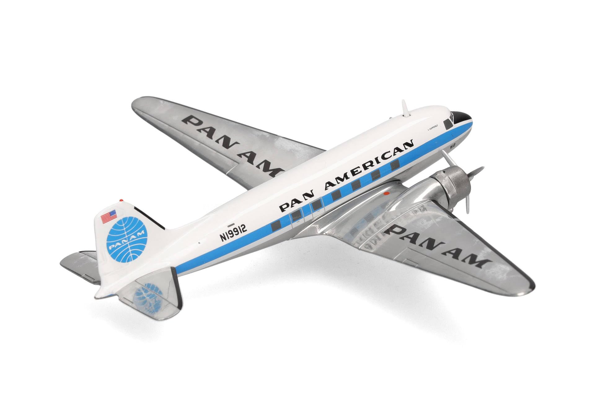 herpa Modellflugzeug Pan American World Airways Douglas DC-3, Miniatur im Maßstab 1:200, Sammlerstück, Modell mit Standfuß, Metall, Weiß, Blau